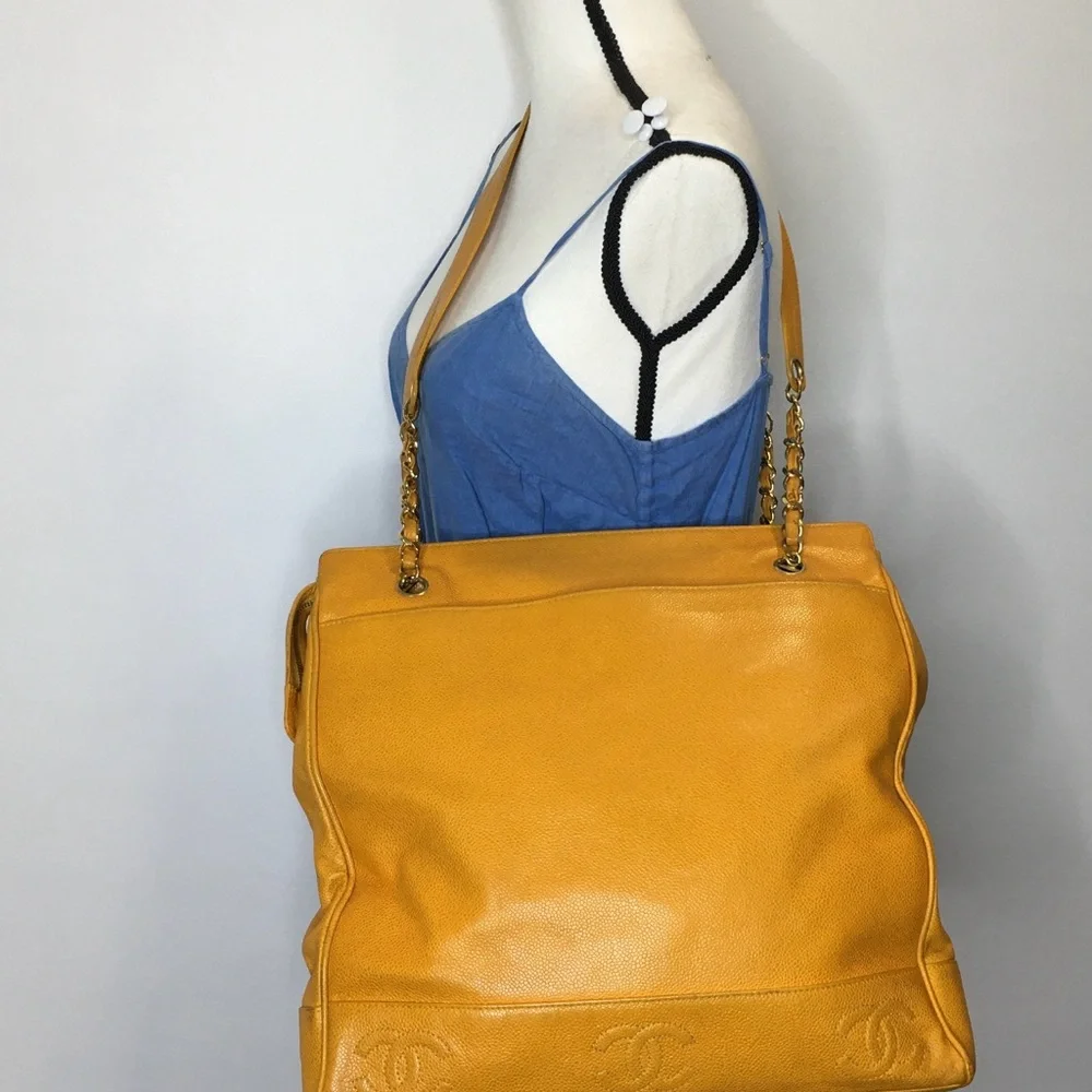 Authentic CHANEL large yellow caviar leather executive tote